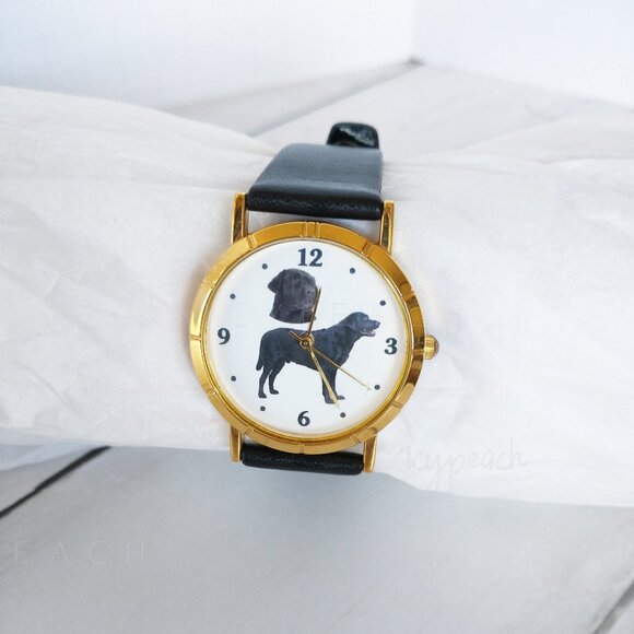 Ladies Wristwatch Black Labrador Retriever Vtg Leather Band Coastal Chic Preppy - Picture 9 of 10